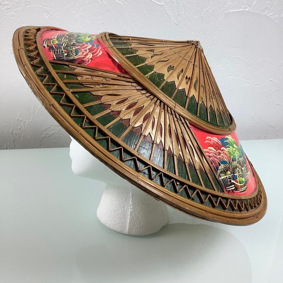 VTG Asian Wicker Bamboo Hat hand painted Gardening Beach Field Handmade SZ OSFM - Picture 8 of 12